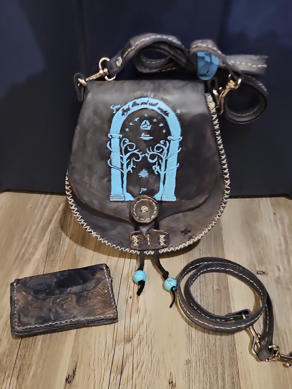 Handcrafted Brown Leather Crossbody Bag with Turquoise Art Detail